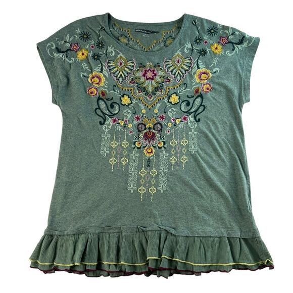 Soft Surroundings Small S Top Green Floral Embroidered Blouse Scoop Neck Boho - Picture 1 of 10